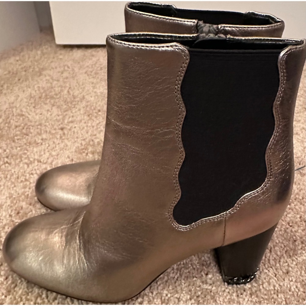 Preston & York Metallic Gold Leather Scalloped Ankle Boots Block Heel 6.5